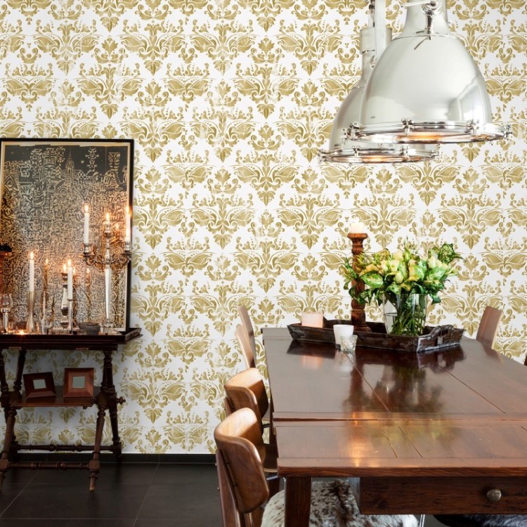 Papel de Parede Adesivo Arabesco Dourado e Branco AR-006-2