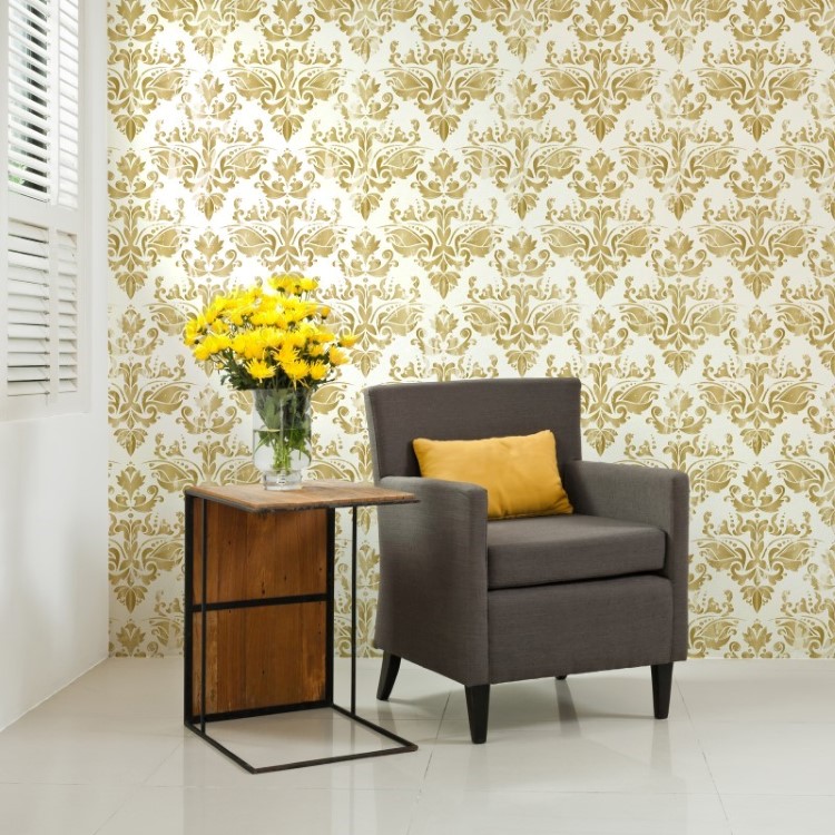 Papel de Parede Adesivo Arabesco Dourado e Branco AR-006