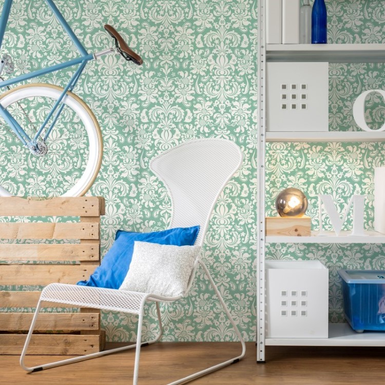 Papel de Parede Adesivo Arabesco Verde e Branco AR-008